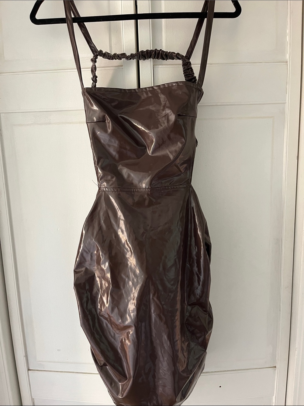 SHEIN Chocolate Brown Patent Mini Dress with Ruched Straps
